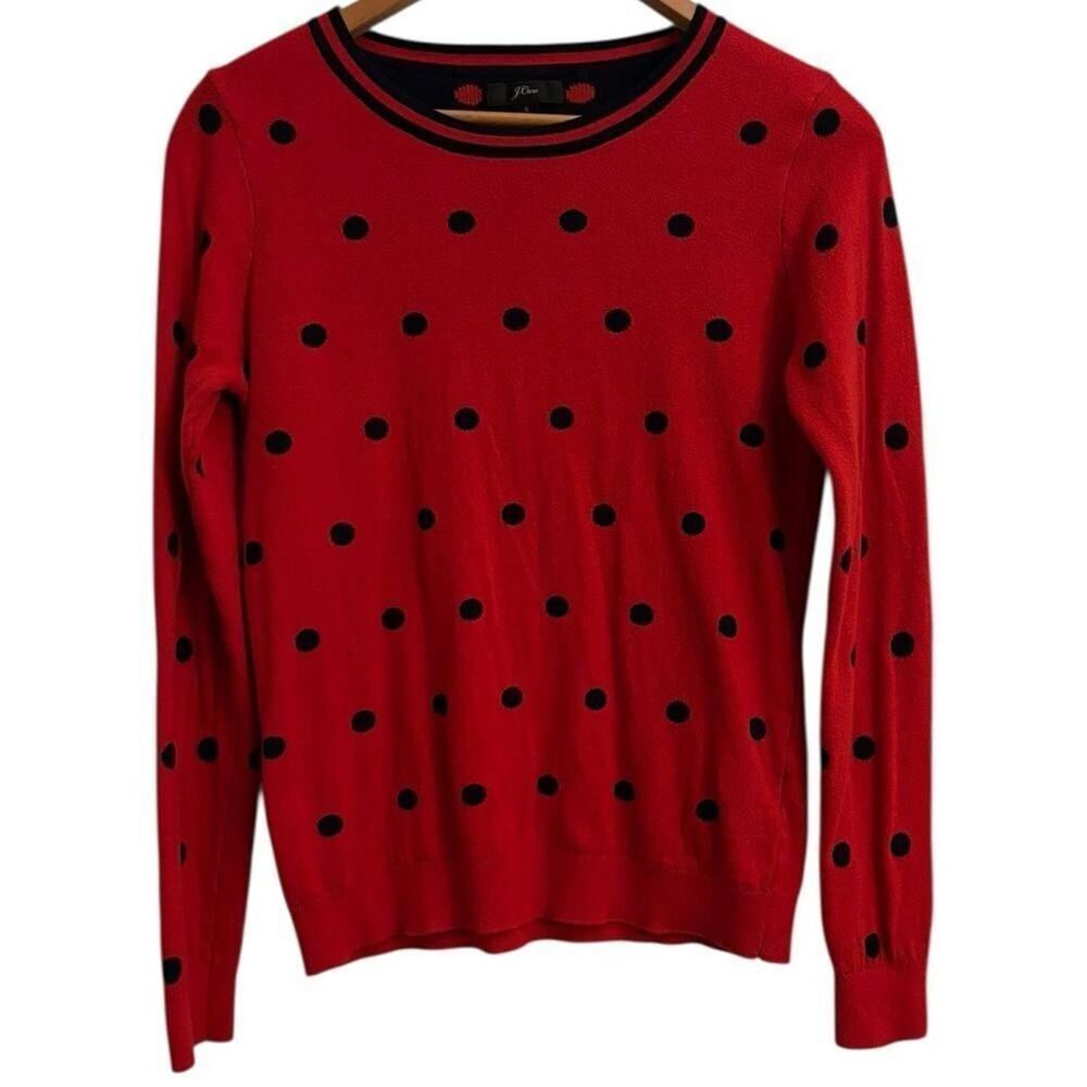 J Crew Women's Black and Red Polka Dot Preppy Crewneck Lightweight Sweater Top
